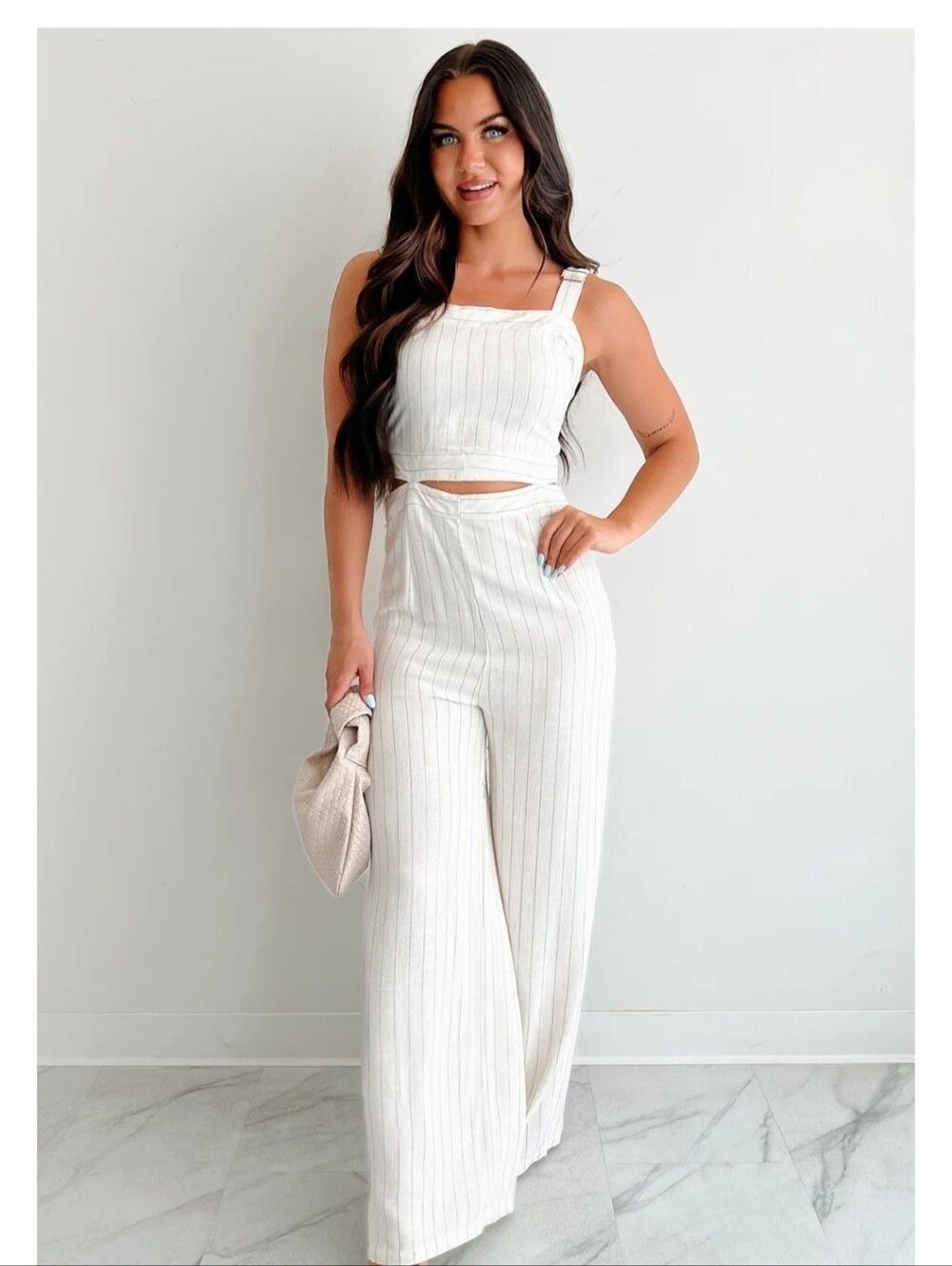 Women’s Cream Pinstripe Wide-Leg Jumpsuit